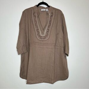 NWOT Only Necessities Taupe Brown Embroidered Tunic Top Linen Blend Size Large